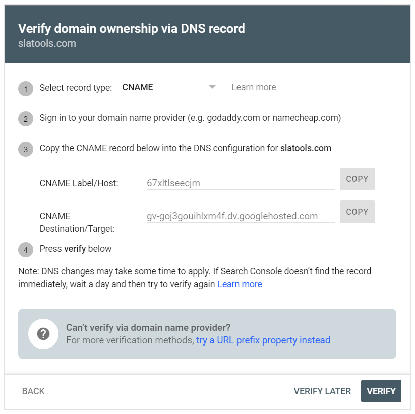 Verificação de registro CNAME no Google Search Console